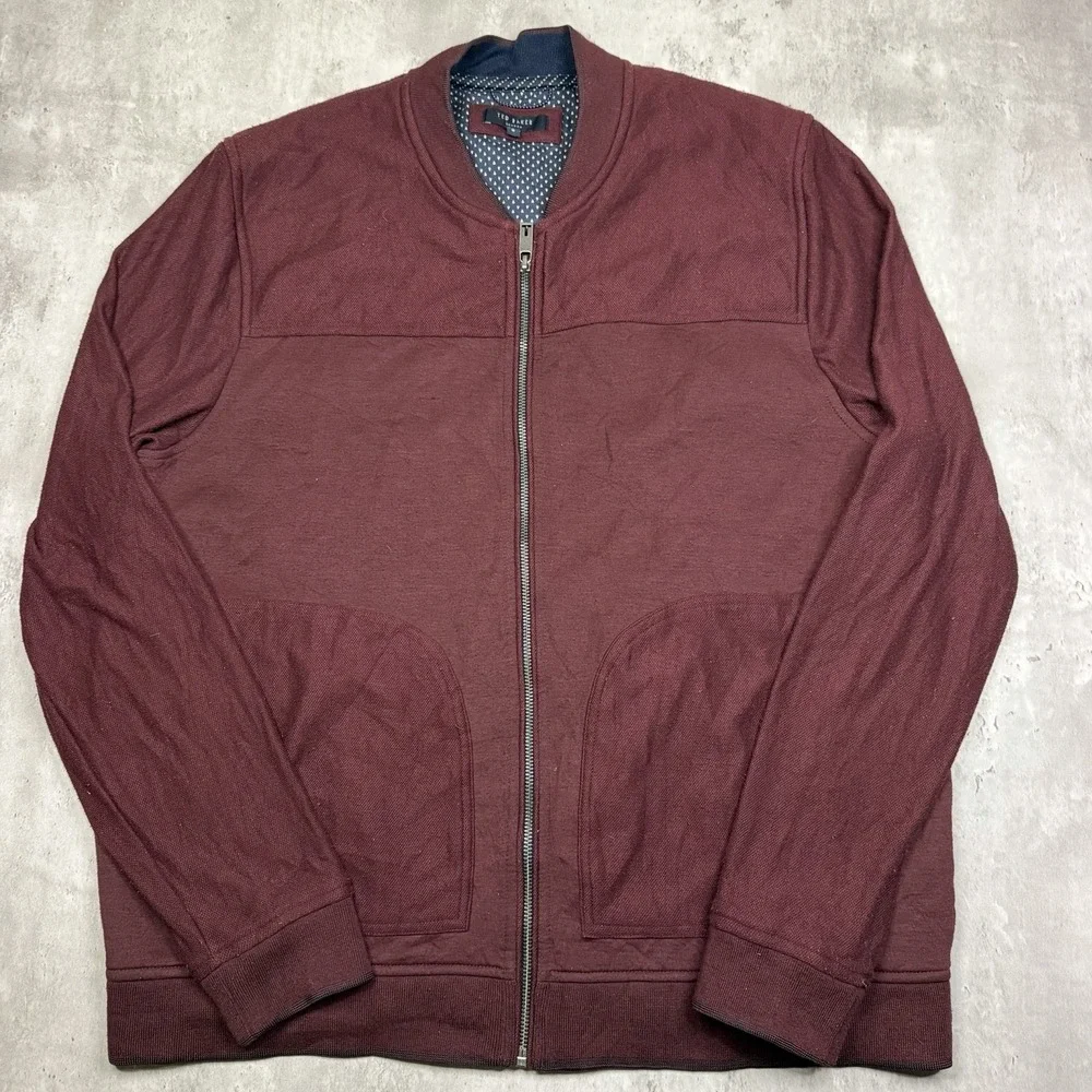 Ted Baker London Mens Size 6 Burgundy Zip Up Bomber Sweater Jacket Fleece